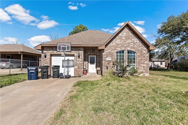 view of front facade with concrete driveway, brick siding, a front lawn, and an attached garage