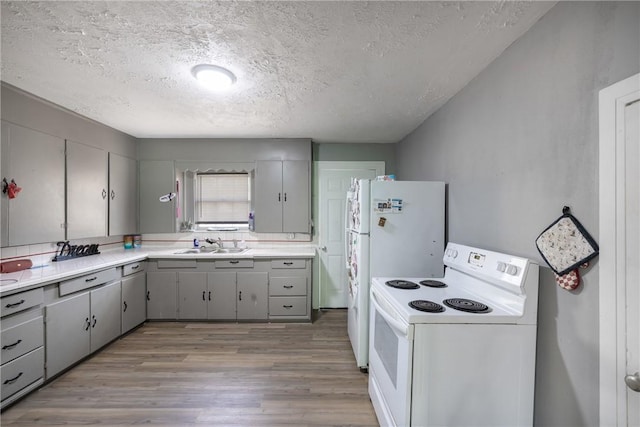 kitchen with white appliances, sink, gray cabinets, a textured ceiling, and light hardwood / wood-style floors