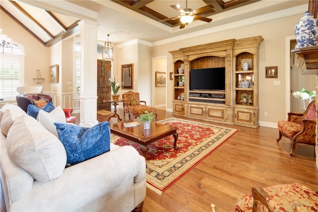 living room with ornate columns, coffered ceiling, beamed ceiling, hardwood / wood-style floors, and ornamental molding