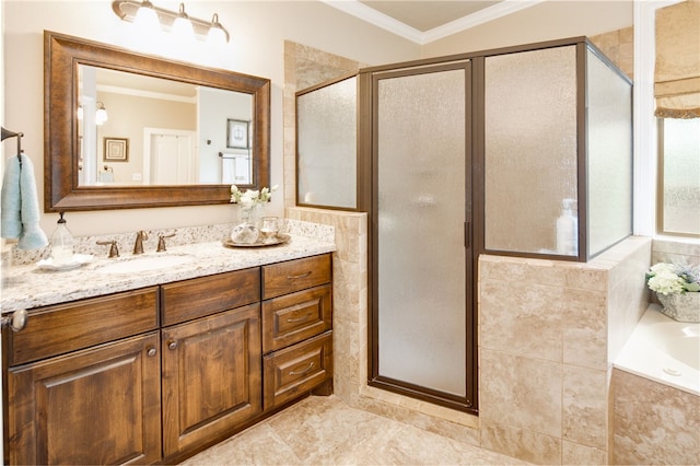 bathroom with vanity, separate shower and tub, and crown molding