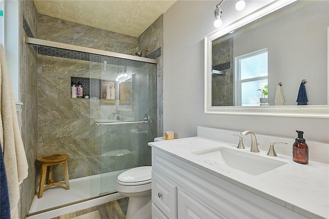 bathroom with vanity, a textured ceiling, hardwood / wood-style floors, toilet, and a shower with shower door