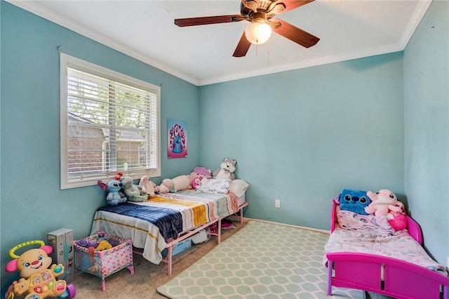3108 Bluestem Dr, College Station, TX 77845 - carpeted bedroom featuring crown molding, ceiling fan, and baseboards