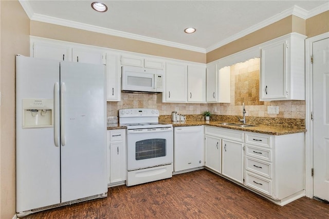 3108 Bluestem Dr, College Station, TX 77845 - kitchen featuring white appliances, a sink, white cabinetry, dark stone counters, and ornamental molding