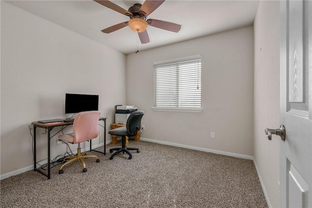 carpeted office with ceiling fan