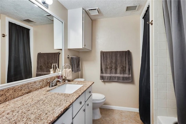 full bathroom with toilet, a textured ceiling, visible vents, and tile patterned floors