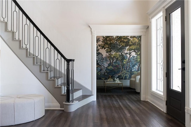 1107 Royal Adelade Dr, College Station, TX 77845 - foyer featuring dark wood-type flooring, baseboards, and stairway