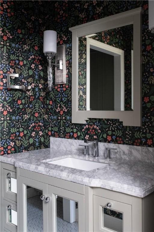 1107 Royal Adelade Dr, College Station, TX 77845 - bathroom with vanity and wallpapered walls