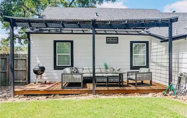 1017 Milner Dr, College Station, TX 77840 - rear view of property with an outdoor living space, a wooden deck, a pergola, and roof with shingles
