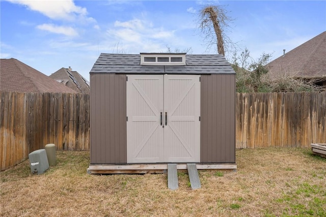 view of shed with a fenced backyard