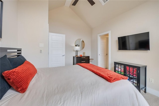 carpeted bedroom featuring visible vents, high vaulted ceiling, and a ceiling fan