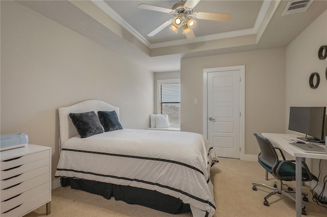 bedroom featuring a raised ceiling, visible vents, carpet floors, and ornamental molding