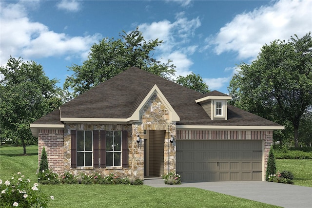 view of front of home with a garage, brick siding, stone siding, and a front yard