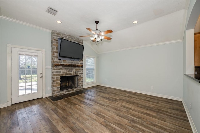 unfurnished living room featuring baseboards, visible vents, vaulted ceiling, and wood finished floors