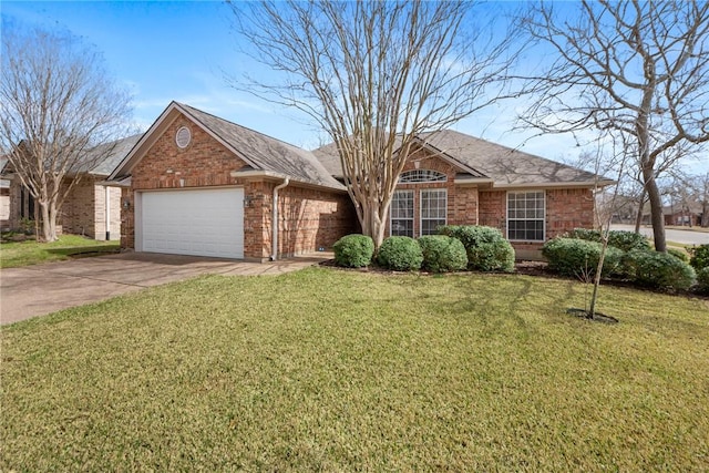 single story home with brick siding, an attached garage, concrete driveway, and a front lawn