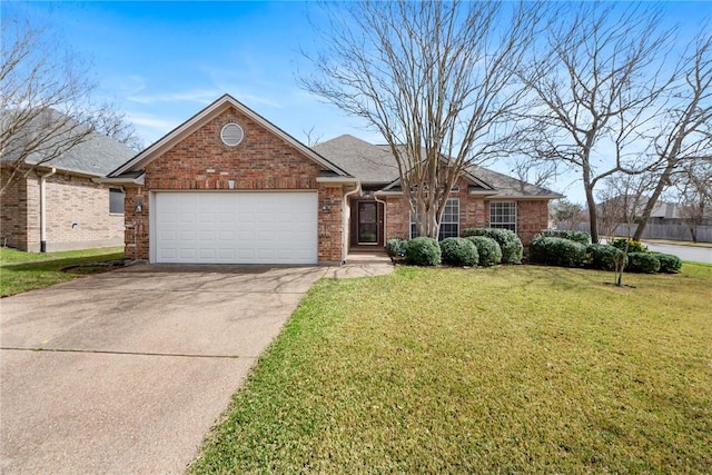 single story home with a shingled roof, concrete driveway, a front lawn, a garage, and brick siding