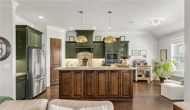 5149 Mandarin Way, College Station, TX 77845 - kitchen featuring green cabinets, stainless steel appliances, dark wood-style floors, decorative backsplash, and ornamental molding