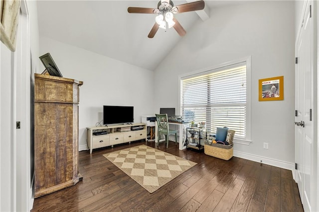 5149 Mandarin Way, College Station, TX 77845 - sitting room with a ceiling fan, dark wood-style floors, high vaulted ceiling, beamed ceiling, and a desk
