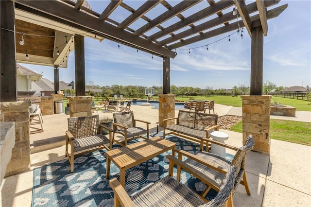 5149 Mandarin Way, College Station, TX 77845 - view of patio / terrace featuring area for grilling, a pergola, an outdoor pool, and a water view