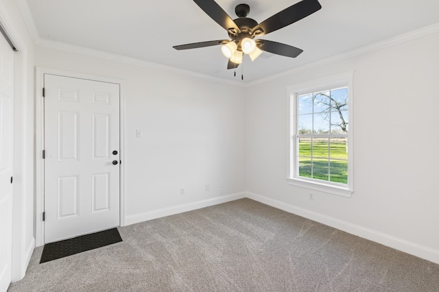 carpeted spare room with plenty of natural light, ceiling fan, and ornamental molding