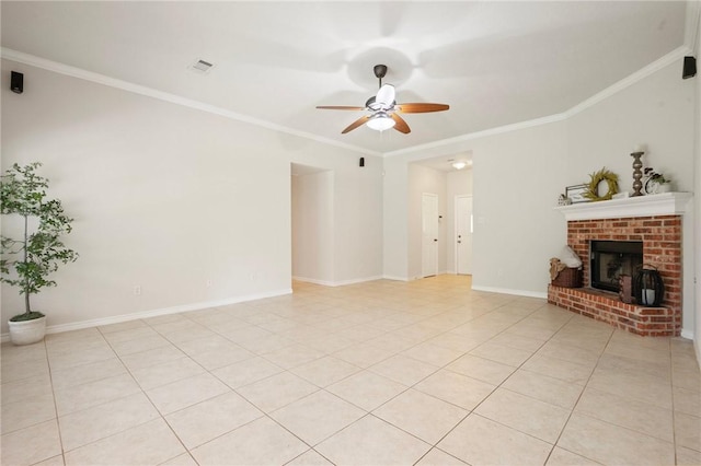 unfurnished living room with visible vents, a fireplace, crown molding, a ceiling fan, and light tile patterned floors