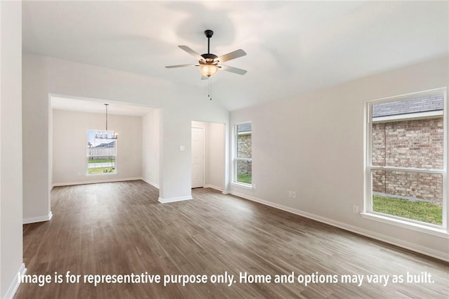 unfurnished living room featuring wood-type flooring, ceiling fan with notable chandelier, and lofted ceiling