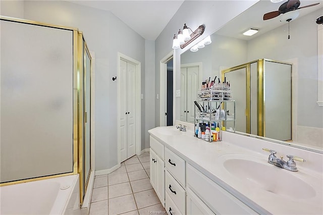 bathroom with vanity, tile patterned floors, ceiling fan, and independent shower and bath