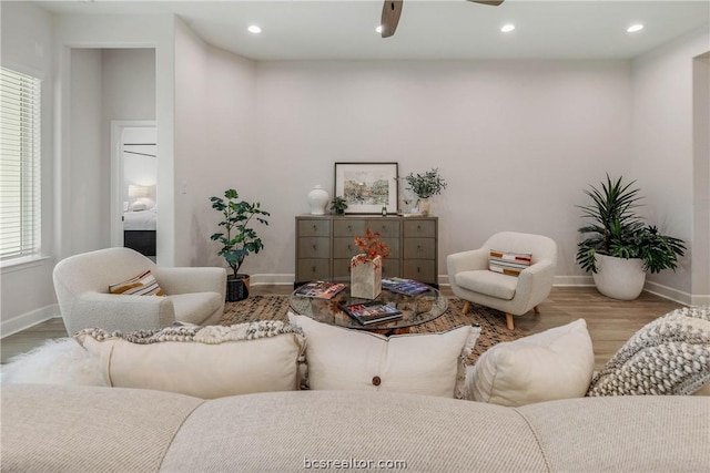 living room with light hardwood / wood-style flooring and ceiling fan