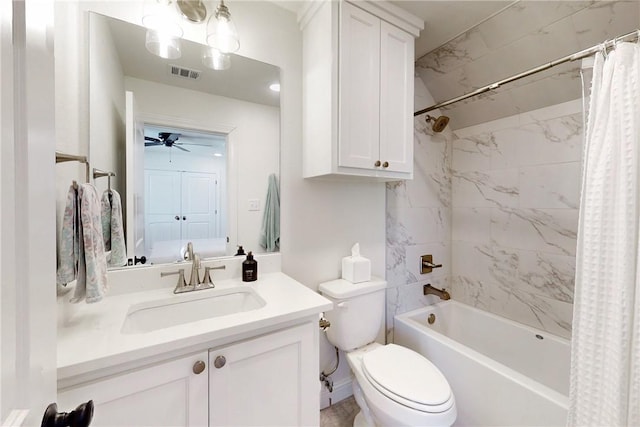 bathroom with vanity, toilet, shower / bathtub combination with curtain, and visible vents