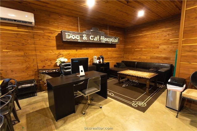 office area featuring a wall mounted air conditioner, wooden ceiling, and wood walls