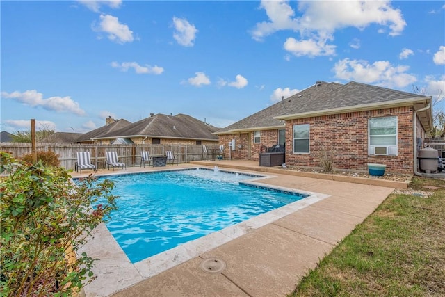 view of pool featuring a fenced in pool, grilling area, a fenced backyard, and a patio area