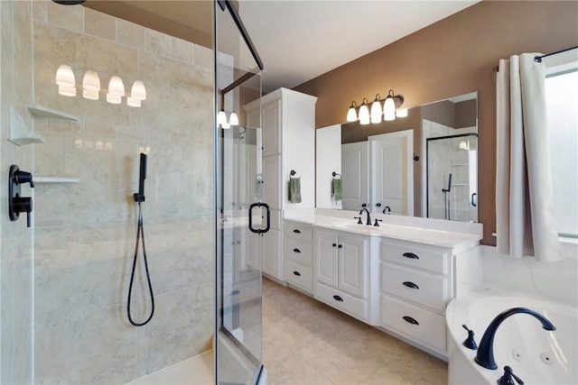 full bath featuring a jetted tub, a shower stall, and vanity