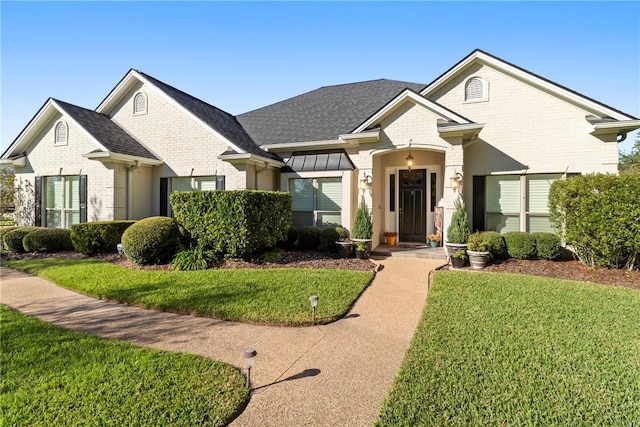 view of front of home with a shingled roof, a front yard, and brick siding