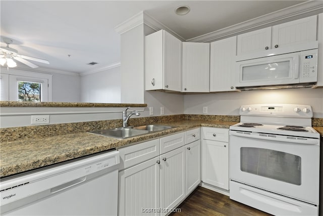 kitchen featuring white cabinetry, crown molding, white appliances, and sink