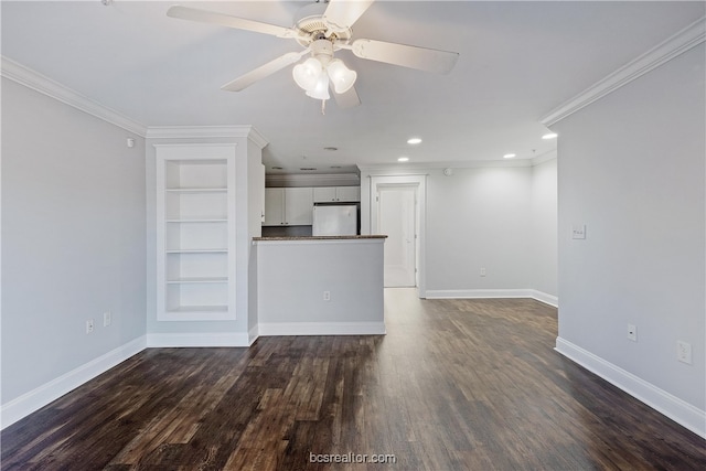 unfurnished living room featuring ceiling fan, dark wood-type flooring, and ornamental molding