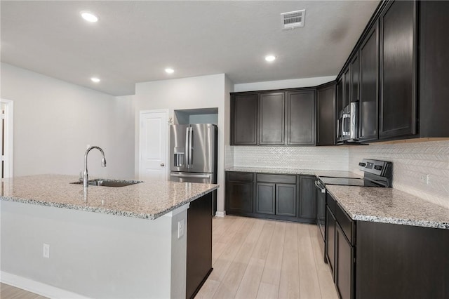 kitchen with sink, backsplash, an island with sink, appliances with stainless steel finishes, and light wood-type flooring