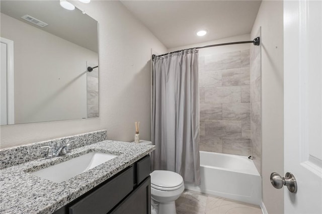 full bathroom with shower / bath combo, toilet, and vanity