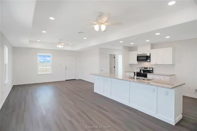 kitchen featuring sink, stainless steel appliances, light stone counters, dark hardwood / wood-style flooring, and white cabinets