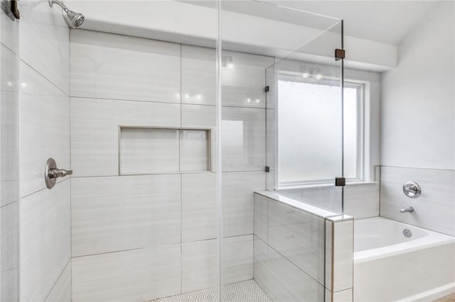 bathroom featuring a bath, a shower stall, and a wealth of natural light