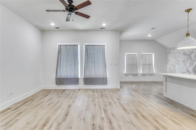 unfurnished room with recessed lighting, ceiling fan, baseboards, and wood finished floors