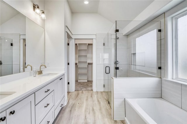 bathroom featuring a sink, lofted ceiling, a healthy amount of sunlight, and a shower stall