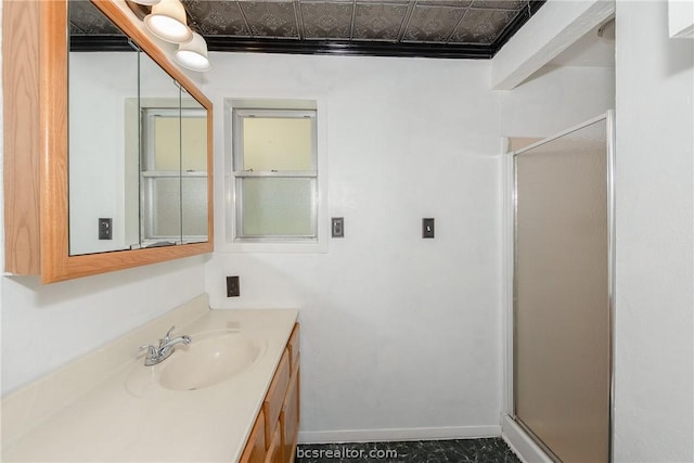 10933 Clyde Accord Rd, Franklin, TX 77856 - full bathroom featuring vanity, a shower stall, and an ornate ceiling