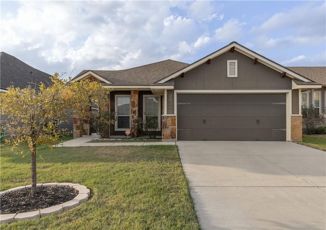 view of front of property with a garage, stucco siding, concrete driveway, and a front yard