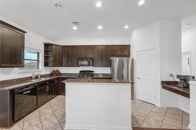 kitchen with vaulted ceiling, sink, a center island, dark brown cabinetry, and black appliances