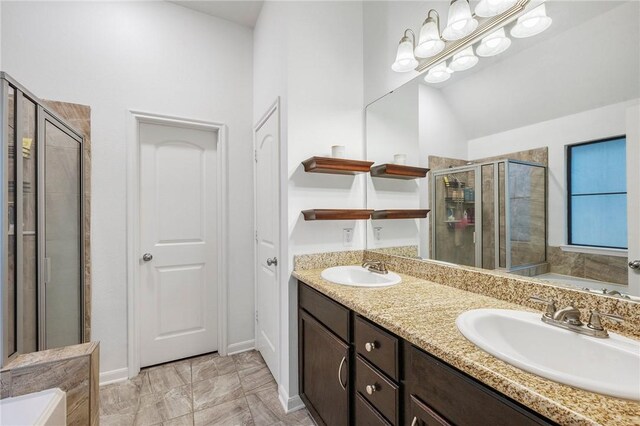 bathroom with lofted ceiling, vanity, and plus walk in shower