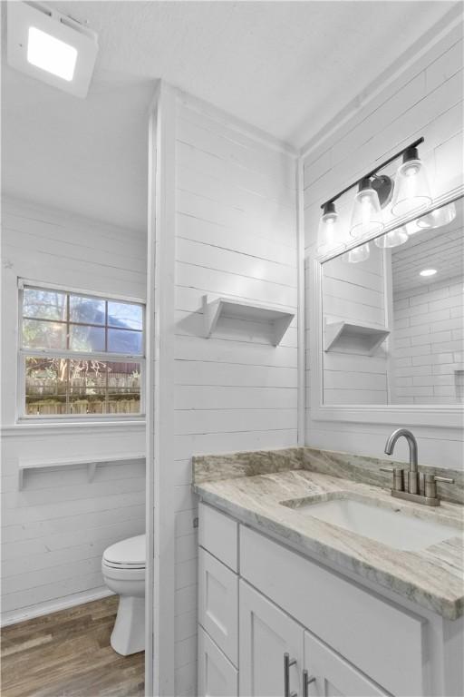 bathroom featuring toilet, wood finished floors, vanity, and wood walls
