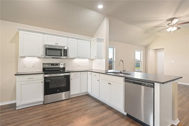 kitchen with kitchen peninsula, stainless steel appliances, vaulted ceiling, sink, and white cabinetry