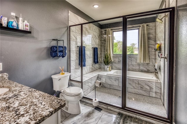 full bath featuring marble finish floor, a textured wall, a bath, and tiled shower