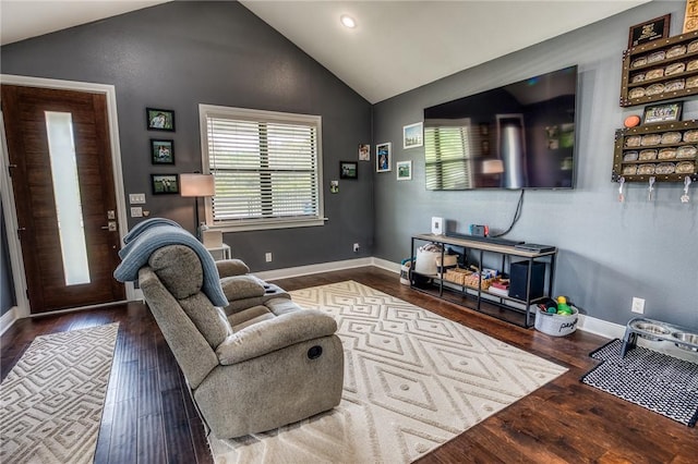 living room featuring recessed lighting, baseboards, wood finished floors, and high vaulted ceiling