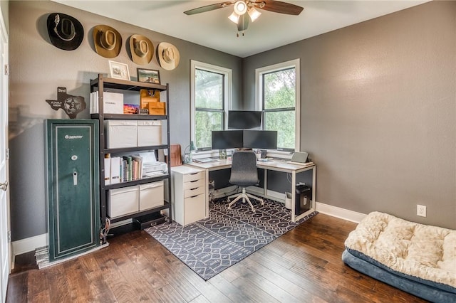 office with a ceiling fan, baseboards, and wood finished floors