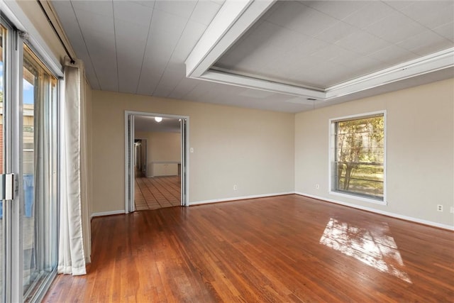 empty room featuring hardwood / wood-style flooring and a tray ceiling